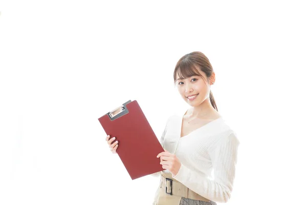 Mujer Joven Con Carpeta Roja — Foto de Stock