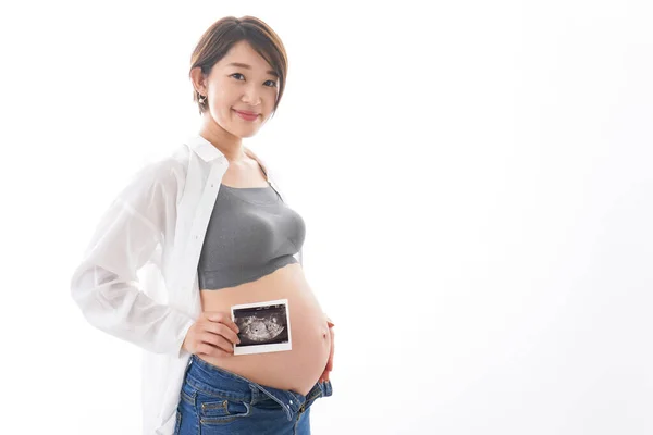 Giovane Donna Incinta Con Immagine Eco Del Bambino — Foto Stock