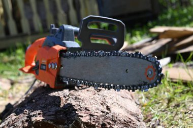 Yeşilliğin arka planına karşı elektrikli testere.