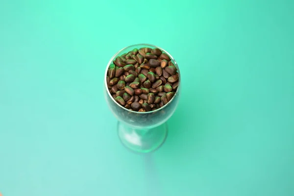 Pine nuts in a transparent glass on a green background — Stock Photo, Image