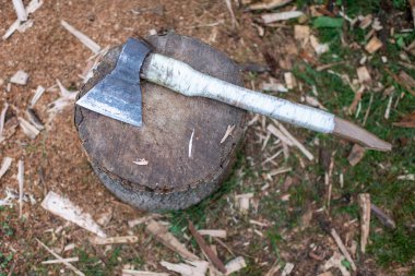 Tema üzerine fotoğraf: Ahşap saplı büyük çelik balta, avlanmak için metal balta. Fotoğraf baltası, doğal arka planda uzun bir baltadan oluşur. Sahte baltayla ana aksesuar erkek, hayatta kalmak için ağır balta..