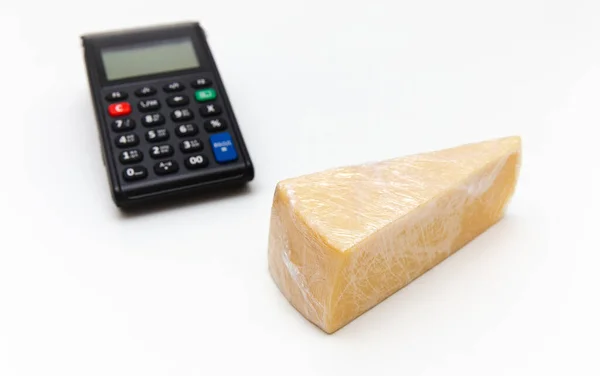 Piece Cheese Wrapped Polyethylene Cash Register Cheese Triangular White Background — Stock Photo, Image