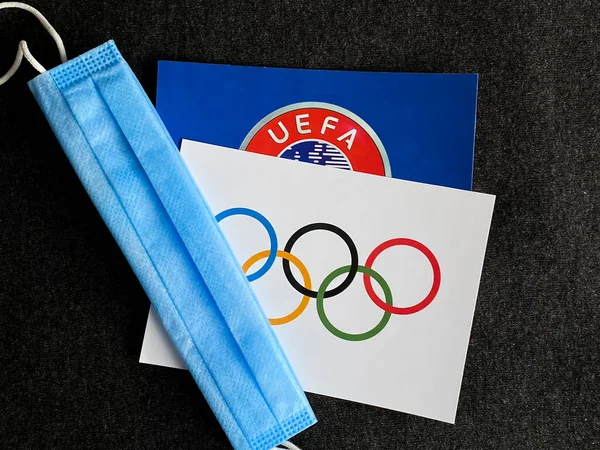 Mari Russia June 2021 Uefa Logo Olympic Flag Rings Blue — Stock Photo, Image