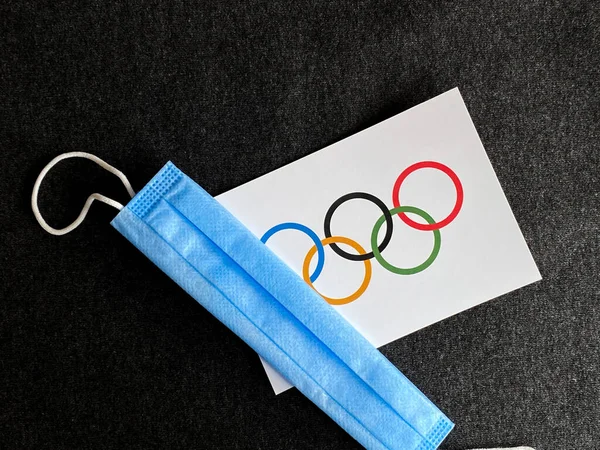 Mari Russia June 2021 Olympic Flag Rings Blue Mask Dark — Stock Photo, Image