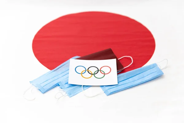 Mari Russia June 2021 Olympic Flag Document Blue Masks Japanese — Stock Photo, Image