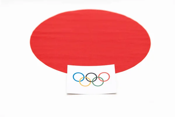 Mari Russia June 2021 Olympic Flag Rings Background Japanese Flag — Stock Photo, Image