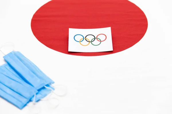Mari Russia June 2021 Olympic Flag Rings Background Japanese Flag — Stock Photo, Image