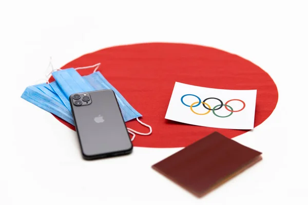 Mari Rusland Juni 2021 Iphone Olympisk Flag Med Ringe Baggrund - Stock-foto