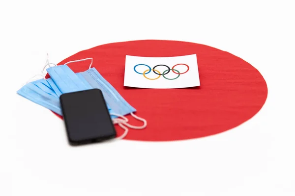 Mari Rusland Juni 2021 Sort Smartphone Olympisk Flag Med Ringe - Stock-foto