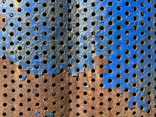 Old Metal Holes Blue Paint Peeling Rust Outdoors — Stock Photo, Image