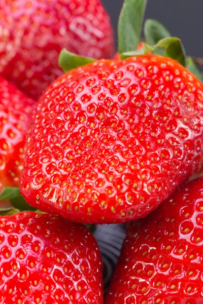 Μεγάλο κόκκινο φράουλα σε ένα πιάτο με λευκό και μαύρο ρίγες, αντίθεση έγχρωμη εικόνα με χώρο για κείμενο. εξεζητημένη Εμφάνιση μούρα. — Φωτογραφία Αρχείου