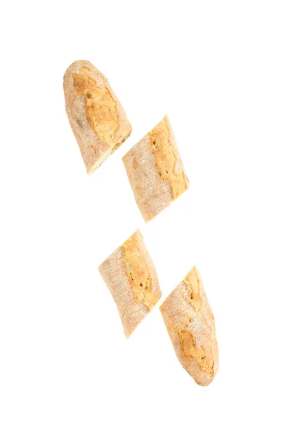 Franskt bröd baguette på en vit bakgrund, tillverkad av mjöl. bakning, ovanifrån, sidovy. utrymme för text .. — Stockfoto