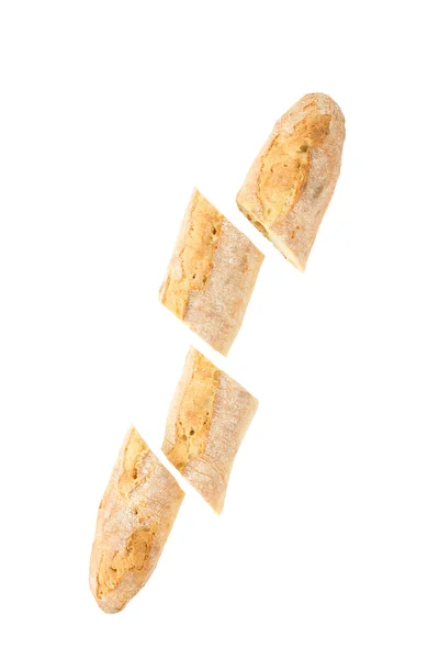 Franskt bröd baguette på en vit bakgrund, tillverkad av mjöl. bakning, ovanifrån, sidovy. utrymme för text .. — Stockfoto