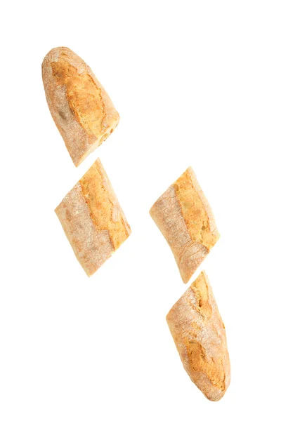 Franskt bröd baguette på en vit bakgrund, tillverkad av mjöl. bakning, ovanifrån, sidovy. utrymme för text .. — Stockfoto