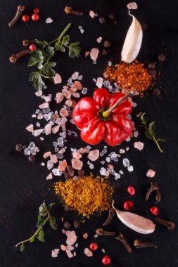 pembe tuz, sarımsak, zemin baharat, dereotu, maydanoz, kekik taş ile farklı renklerde taze biber. yanan baharat. Arka plan manzara yukarıdan. vintage işleme düşük anahtar, resimle