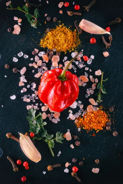 pembe tuz, sarımsak, zemin baharat, dereotu, maydanoz, kekik taş ile farklı renklerde taze biber. yanan baharat. Arka plan manzara yukarıdan. vintage işleme düşük anahtar, resimle