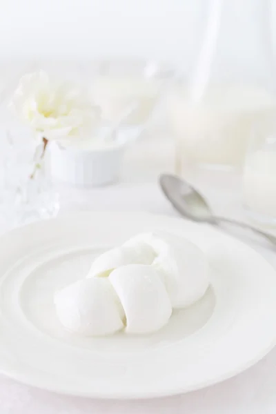 Een stuk kaas in de vorm van vlechten op een witte plaat. Foto zuivelproduct in een lichte toets. Stilleven in wit. Traditionele Italiaanse product — Stockfoto