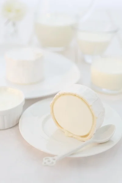 Кусок козьего сыра на белой тарелке. Еда съедобная в высоких ключах. Французские сыры. белый на белом натюрморте — стоковое фото