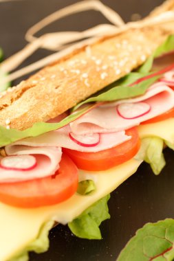 sandviç Fransız baget, peynir, jambon, domates, turp, marul portre. ev yapımı yemek. gevrek ekmek