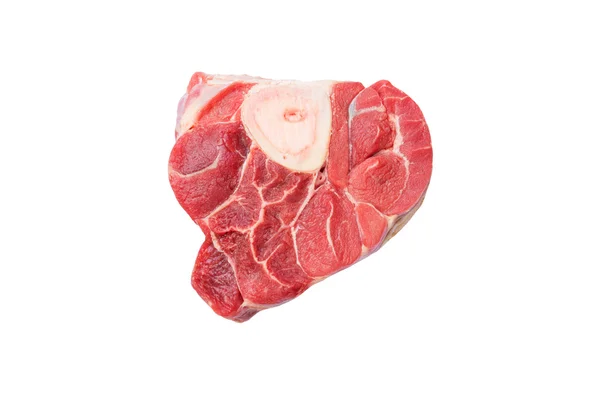 Kawałek surowej wołowiny ossobuco na białym tle na biały background.series obrazów z różnymi kątami mięsa ossobuco — Zdjęcie stockowe