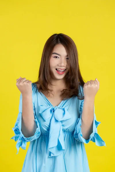 Girl Held Both Fists Showing Joy — Photo