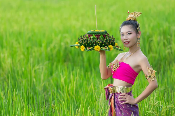 Asia Woman Thai Dress Traditional Hold Kratong Loy Krathong Festival — Stock Photo, Image