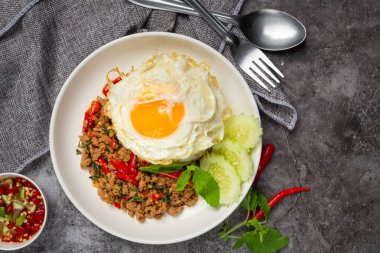 Thai food; Basil Minced Pork with rice and  fried egg