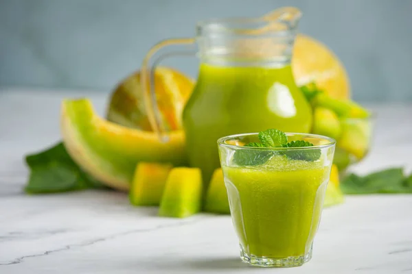 Glass Melon Juice Put White Marble Floor — Stock Fotó