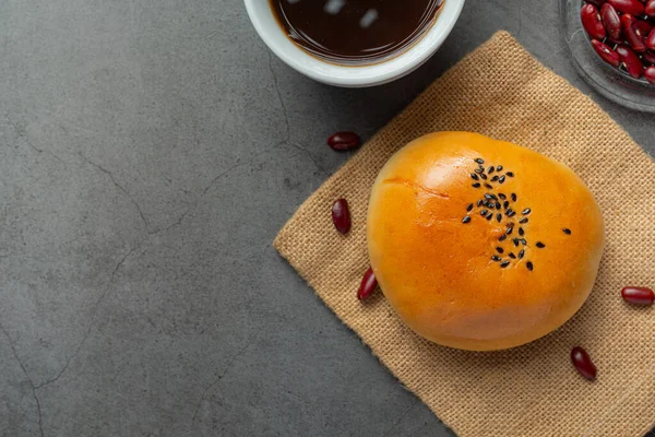 Baked Red Bean Paste Buns Place Brown Fabric Served Coffee — Photo