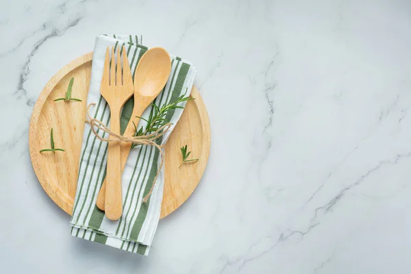 Wooden Spoon Fork Rosemary Plants Wooden Plate — Stok fotoğraf