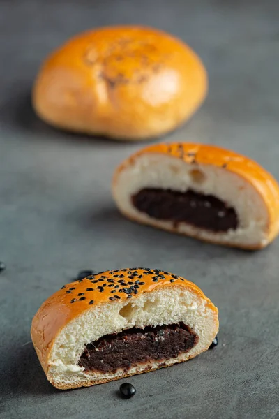 Baked Black Bean Paste Buns Put Dark Floor — Photo