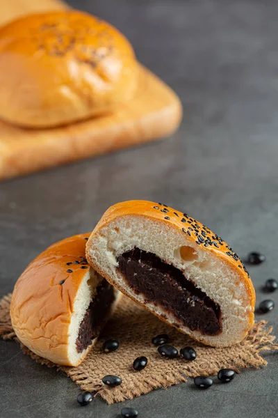 Baked Black Bean Paste Buns Put Dark Floor — Photo