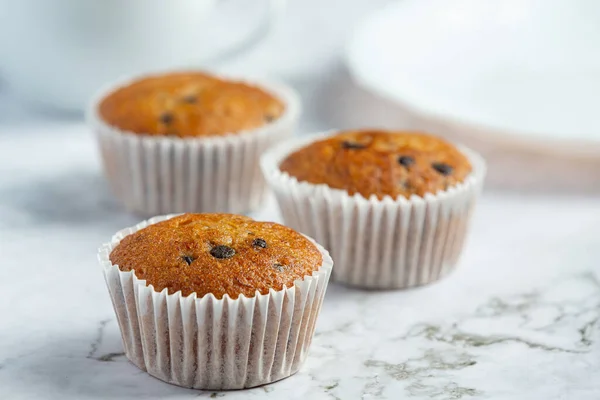 Chocolate Muffins Put White Marble Floor — Stock Photo, Image