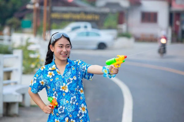 Asian Woma Using Water Guns Play Songkran Festival — Stock Fotó