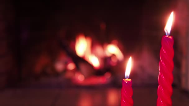 Candles Two Candles Lit Background Fireplace Flame Out Focus Close — Stock Video