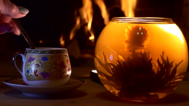 Asian Tea Woman Hand Stirs Teaspoon Tea Cup Next Brewed — Stock Video