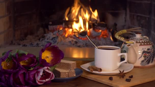 Çay Koruyucu Eldiven Giymiş Bir Insan Şöminenin Arka Planında Duran — Stok video