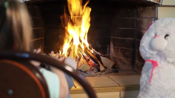 Uma Criança Junto Fogo Uma Menina Com Grande Gato Brinquedo — Vídeo de Stock