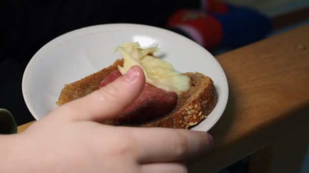 Children Food Hands Child Eating Cheese Bacon Sandwich Close — Vídeo de Stock