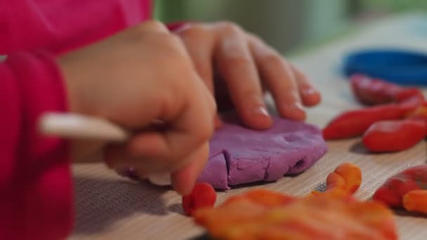 Petit Les Mains Une Petite Fille Qui Coupe Soigneusement Morceau — Video