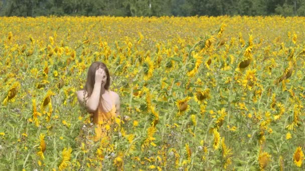 Ein Schönes Mädchen Geht Durch Ein Blühendes Sonnenblumenfeld Und Justiert — Stockvideo