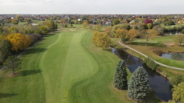 Luftaufnahme Eines Golfplatzes Mit Teichen Mann Fährt Rasenmäher Traktor Auf — Stockvideo