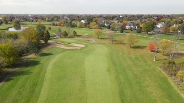 Aerial View Golf Course Ponds Man Fast Driving Cut Grass — Stock Video