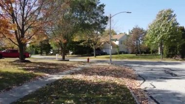 Sarı yapraklar düşüyor. Autumn sokağı Amerikan banliyösü, kaldırım renkli sarı yapraklarla kaplı.