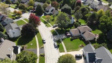 Chicago 'daki banliyö caddesi boyunca bulunan konut ve bahçelerin rengarenk sonbahar ağaçlarının yukarıdan görünüşü. Amerika 'nın orta batısında. 4K