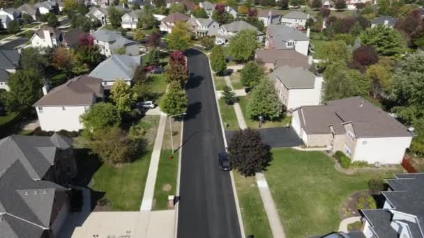 Overhead aerial view of colorful autumn trees residential houses and yards along suburban street in Chicago area. Midwest USA. 4K — Stock Footage Overhead Aerial View Colorful Autumn Trees Residential Houses Yards Suburban Royalty Free Stock Footage