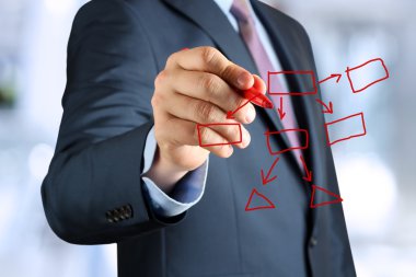 adam bir takım elbise içinde bir blok şeması bir tahtaya yapar.