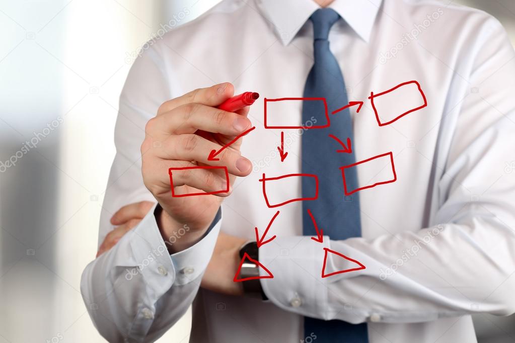 man in a business suit makes a block diagram on a blackboard