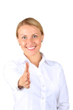 Beyaz bir arka plan üzerinde bir el sıkışma vererek iş kadını