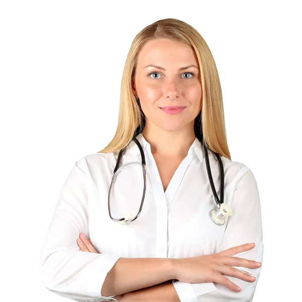 Bild einer Ärztin, die in die Kamera blickt. isoliert auf einem weißen b — Stockfoto